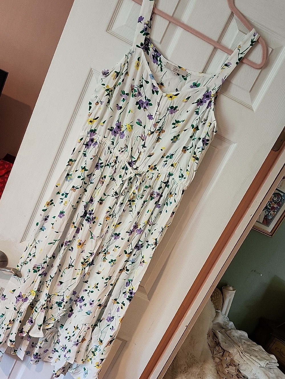 Loft White Sundress with Purple & Yellow Flowers
